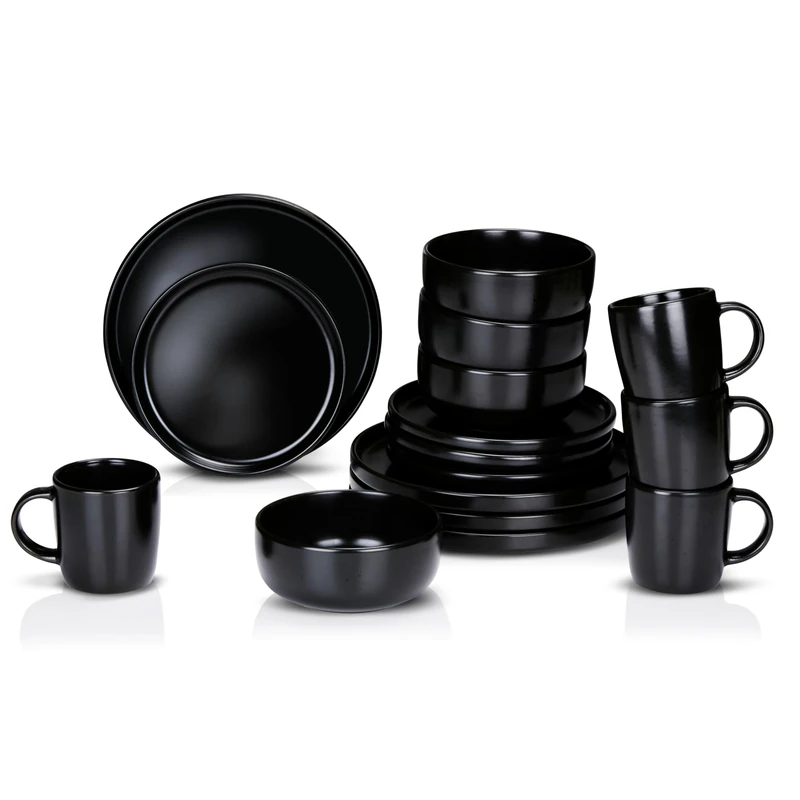 alpina 16-Piece Dinnerware Set - 4 Person Place Setting - Stoneware Dinnerware - Breakfast Plates, Dinner Plates, Bowls, and Mugs - Microwave and Dishwasher Safe - Black