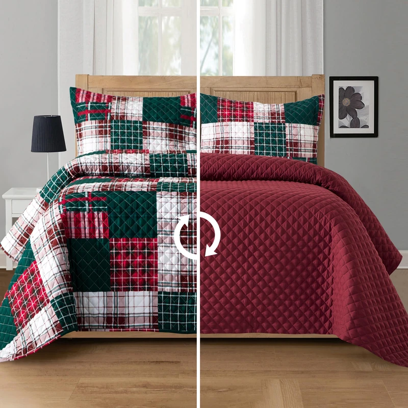 Elegant Comfort 3-Piece Plaid Patchwork Reversible Quilt - Soft Bedspread with Matching Pillow Shams, Heavy Weight Premium Stitching All Season Quilted Coverlet - Twin XL, Burgundy