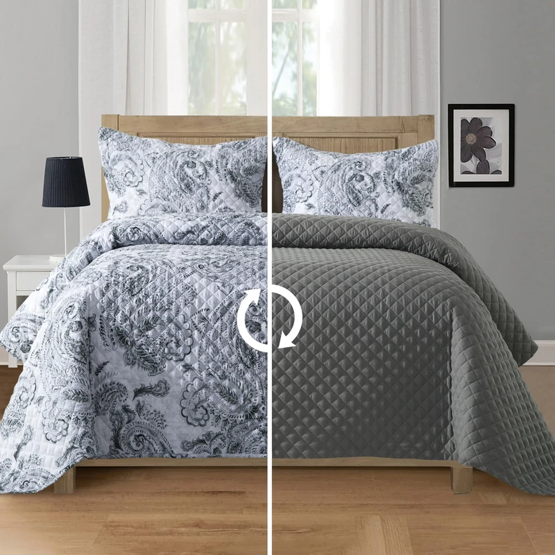 Elegant Comfort 3-Piece Boho Paisley Floral Patchwork Reversible Quilt - Soft Premium Bedspread with Matching Pillow Shams, Premium Stitching All Season Quilted Coverlet - Twin XL, Gray