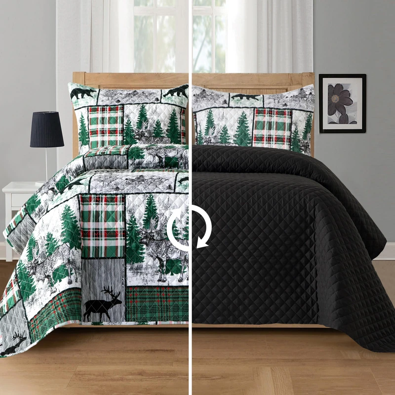 Elegant Comfort 3-Piece Holiday Rustic Plaid Patchwork Reversible Quilt - Soft Bedspread with Matching Pillow Shams, Heavy Weight Premium Stitching All Season Quilted Coverlet - Queen, Forest