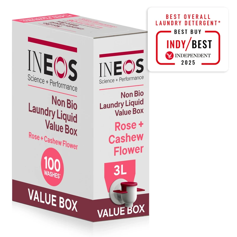 INEOS Next Gen Non Bio Laundry Washing Liquid Detergent, Stain Removal for Clothes, Plant Powered, Eco value box Rose + Cashew Flower 3L, Stress Relieving Fragrance, Vegan, Cruelty Free