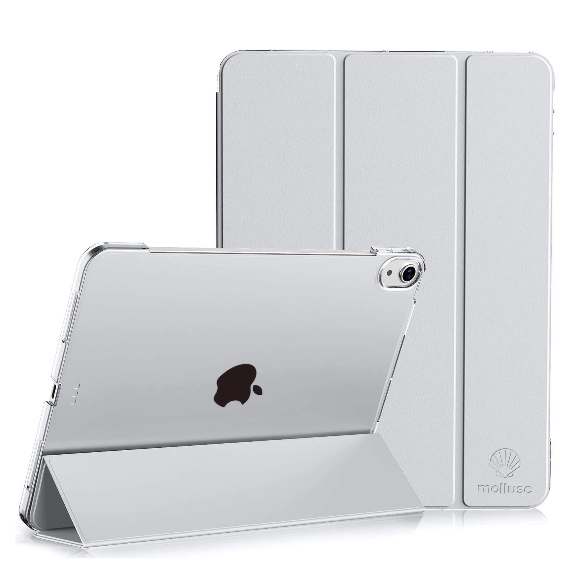 Mollusc Case Compatible with 2022 iPad 10th Generation 10.9 Inch, 2025 11th Generation 11 Inch A16, Hard Back Cover, PU Leather, Hands-Free Trifold, Auto Wake/Sleep, Drop Scratch Protection (Grey)