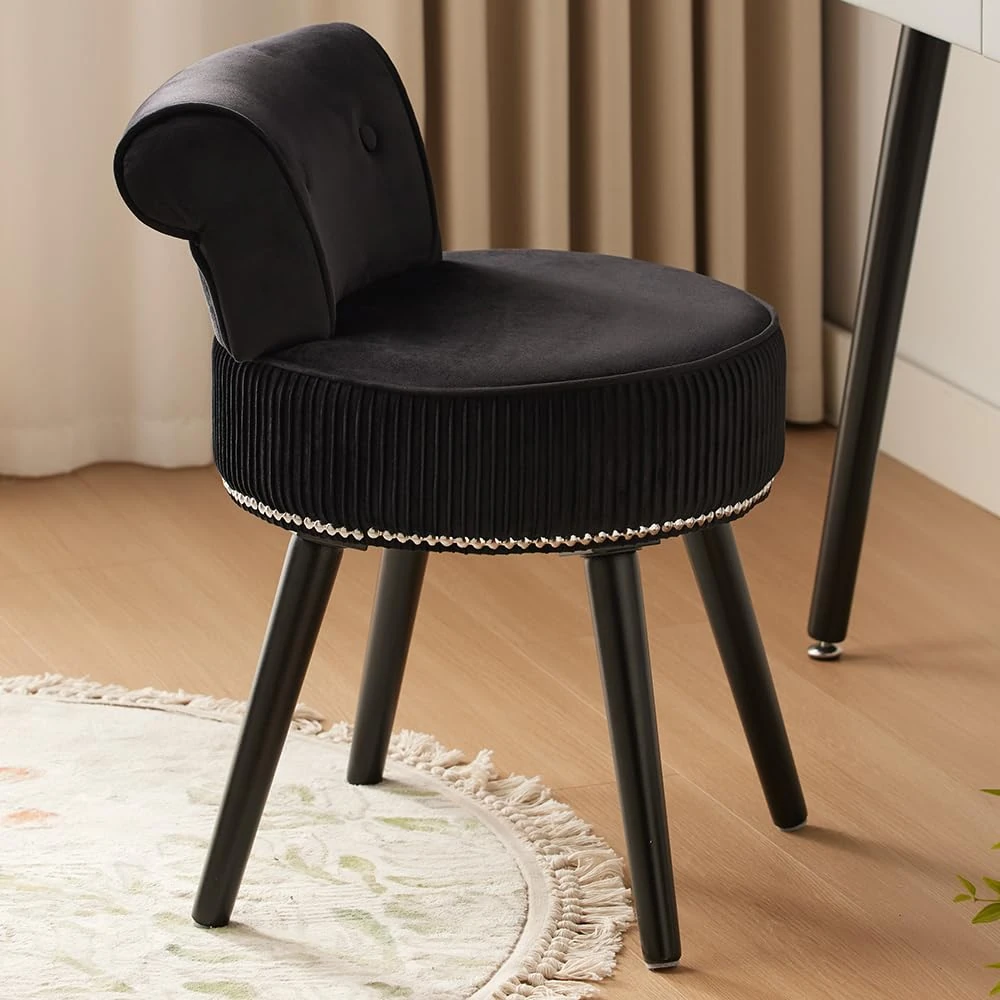 2BYF Black Velvet Vanity Chair with Back Small Makeup Stool Chair Tufted Accent Chairs no Wheels Vaity Stool with Low Back for Living Room Dressing Room Bedroom Bathroom and Home Office (Round-Black)