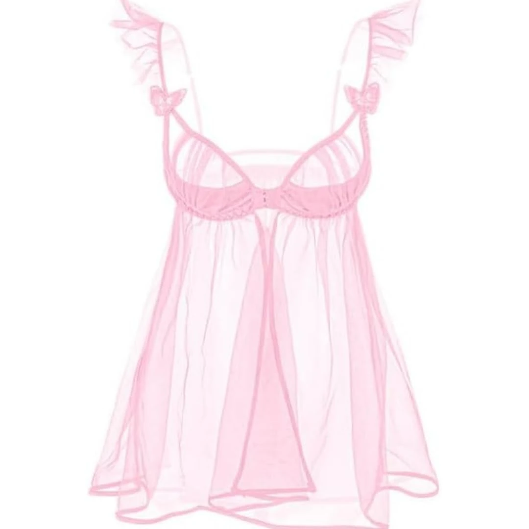 mini kitty Sexy Babydoll Lingerie Set for Women Sheer See Through Mesh Nightdress Open Front Teddy Sleepwear Pyjamas with G String V Neck Chemise for Valentine Honeymoon (pink, One Size)