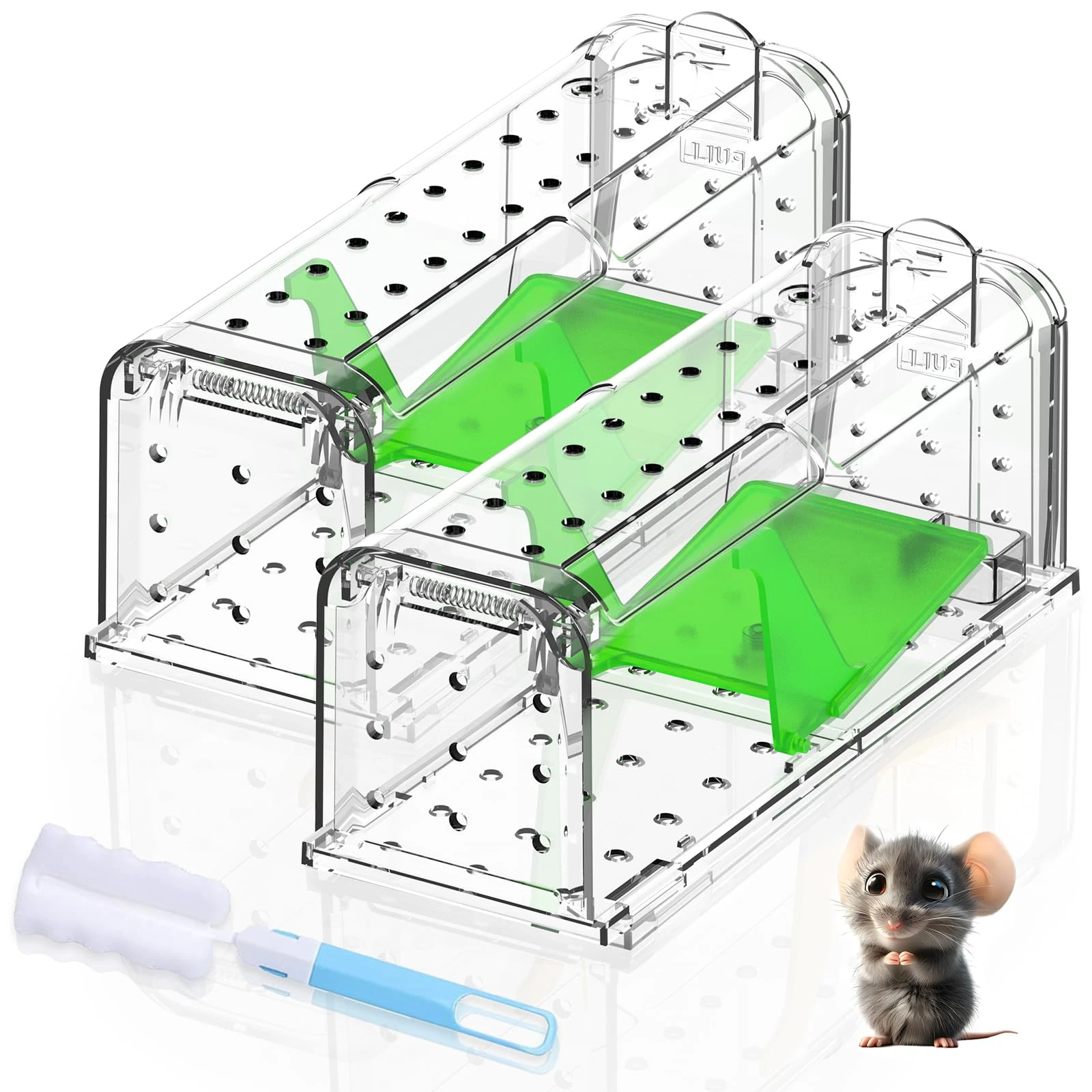 Humane Mouse Traps Indoor Outdoor: Mouse Traps for indoor, Pets and Children Friendly, No Touch Release Mousetrap Includes Cleaning Brush, Washable, Reusable Rodent Mouse Trap No Kill (2, Green)