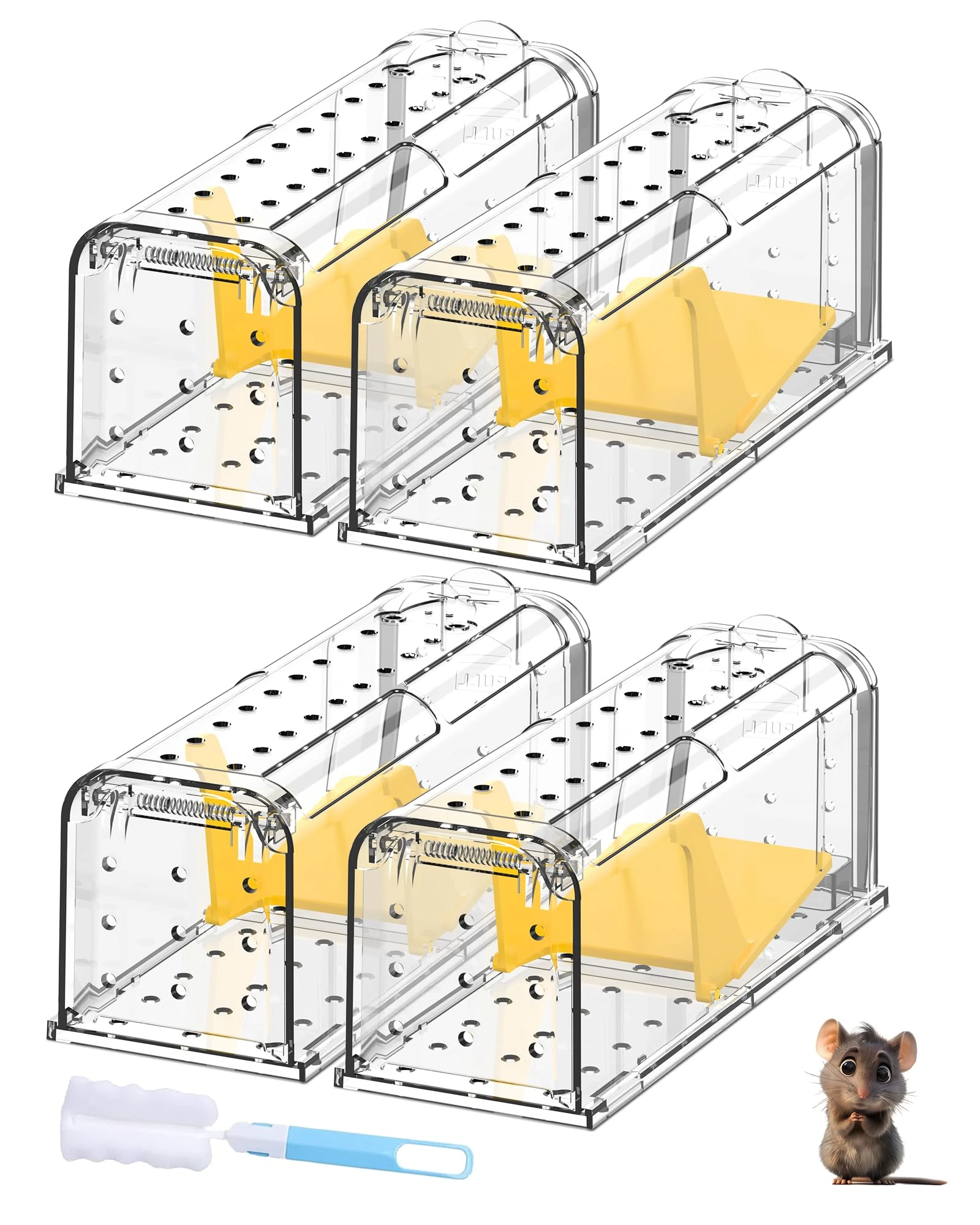 4 Pack Humane Mouse Traps for Indoor Outdoor: Mouse Traps for indoor, Pets and Children Friendly, Live Catch and Release Includes Cleaning Brush, Washable, Reusable Rodent Mouse Trap No Kill