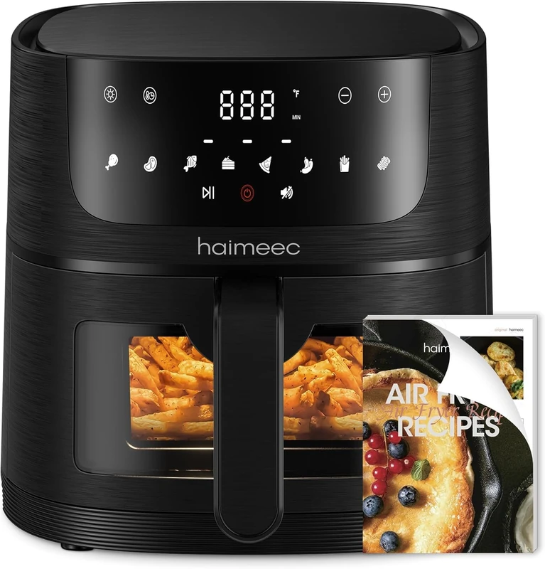 HAIMEEC Air Fryer 4L, 8 cooking options, Visual Window, Max temp 220°C, Nonstick Basket, Digital touchscreen, Easy clean, Shake Reminder, Quiet<60dB for Healthy Cooking