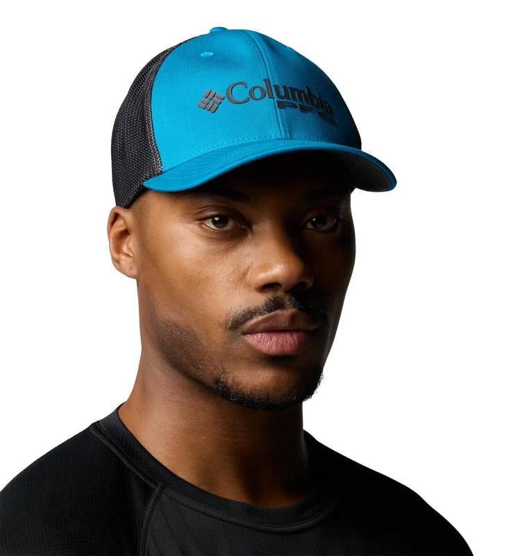 Columbia Unisex PFG Logo Mesh Ball Cap, Blue Echo/Shark/Anthem Graphic, Small/Medium, Blue Echo/Shark/Anthem Graphic, S-M