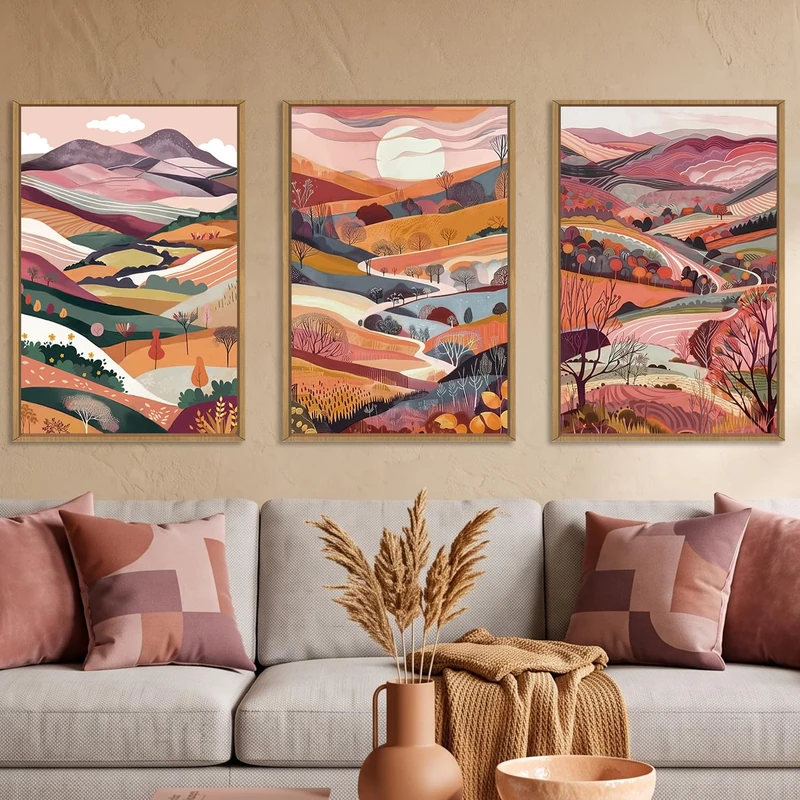 KAIRNE Boho Colorful Mountain Framed Canvas Wall Art Set,Abstract Pink Landscape Wall Decor,Watercolor Forest Art Prints,Nature Scenery Artwork for Living Room,Bedroom,Farmhouse,Office-16 x24 x3