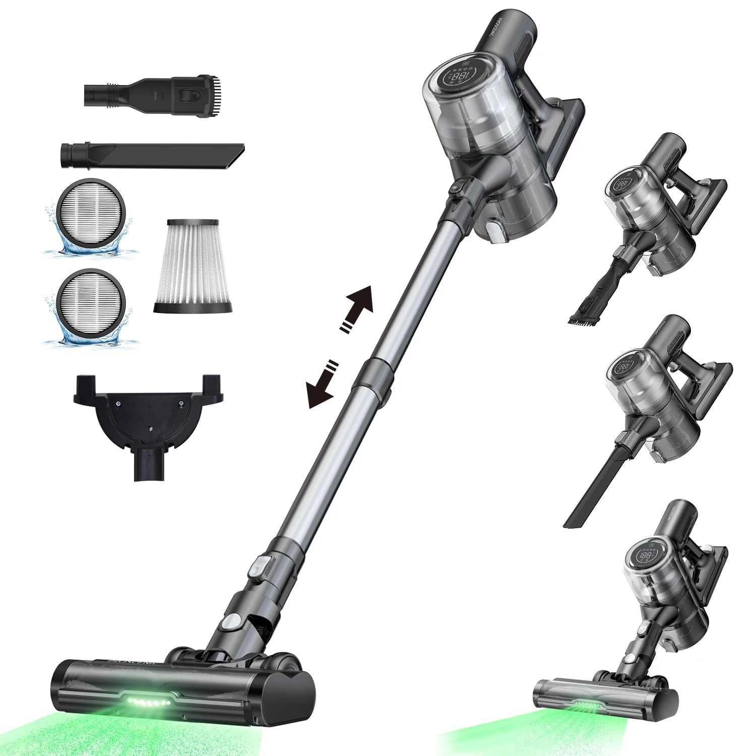 Proscenic P13 Cordless Vacuum Cleaner, 45Kpa 55Mins Stick Vacuum Cleaner, GreenEye Technology Headlights, Anti-Hair-Tangle Brush, Cordless Hoover with Touch Display, Rechargeable Battery for Pet Hair