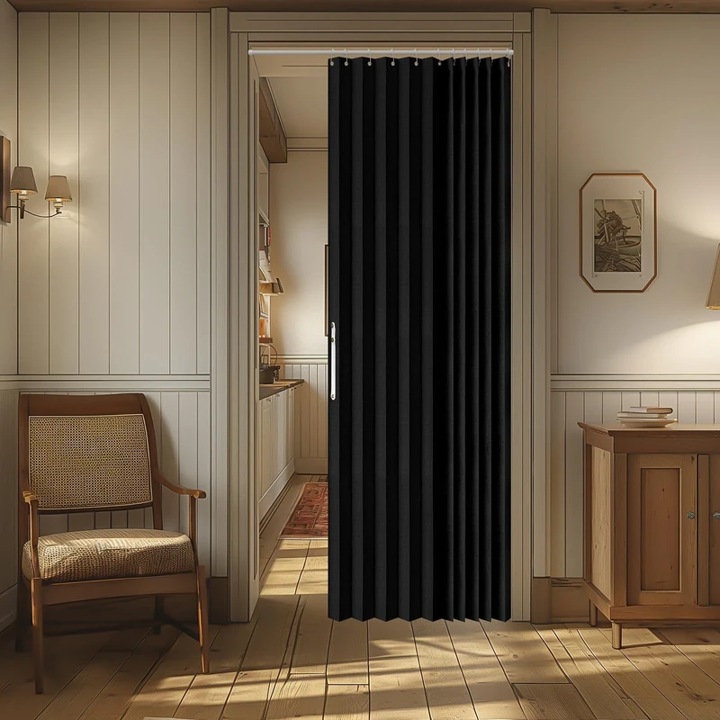 AJAZZ 100% Blackout Magnetic Door Curtain - Pleated Folding Accordion Closet Door Curtain - Invisible, Applicable for Bedroom & Living Room Doorway (Black, 52" W x 78" L) - 1 Panel