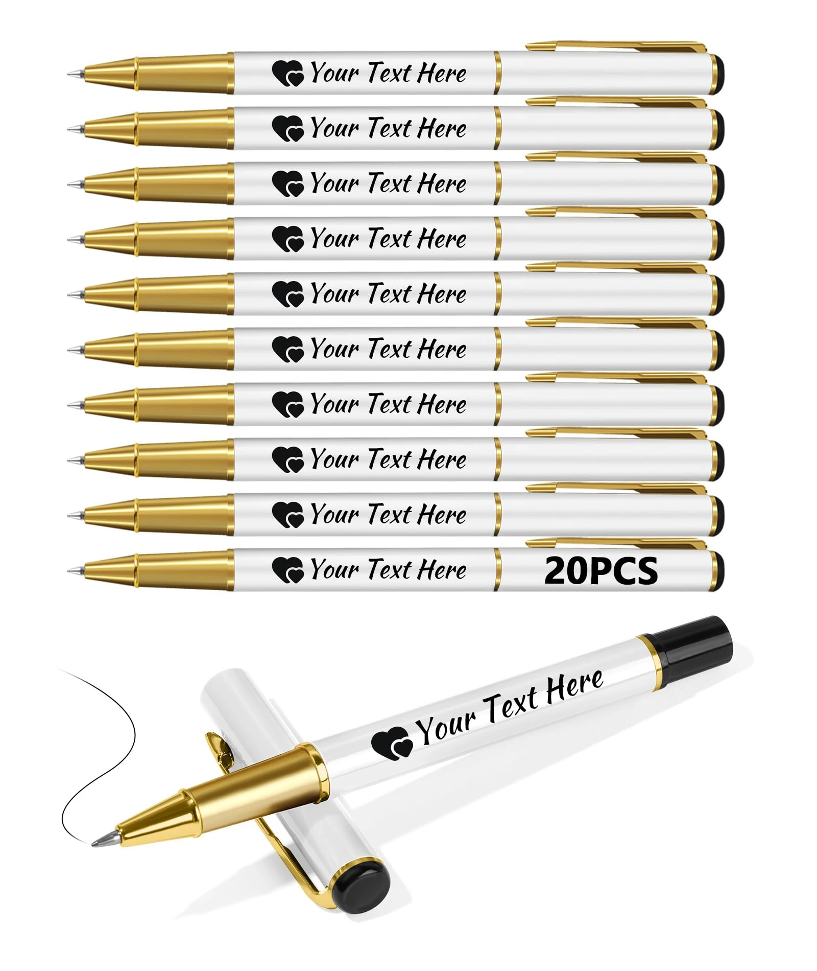 Customised Pens - Personalised Pens Bulk Pack Bussiness Ballpoint Pens with Free Engraving, Customisable Pens with Your Name, Text or Message, Perfect for Office/Students/Teacher/Lawyer,White,20 pcs