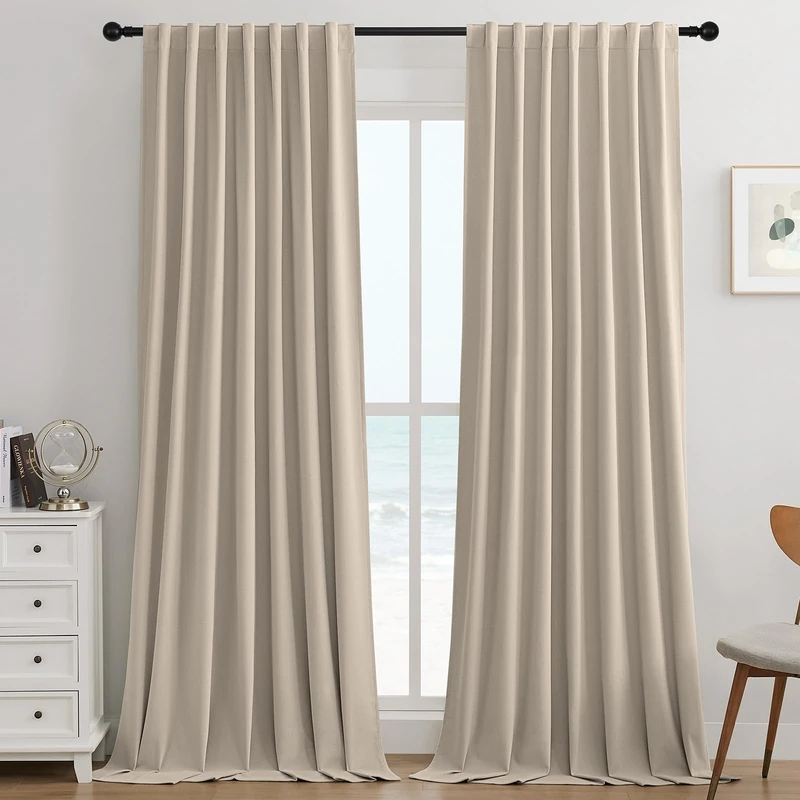 Joydeco Light Beige 100% Blackout Curtains 84 Inch 2 Panels, Luxury Thermal Light Beige Velvet Curtains for Bedroom Living Room, Soundproof Blackout Window Drapes, Rod Pocket & Back Tab (52W x 84L)