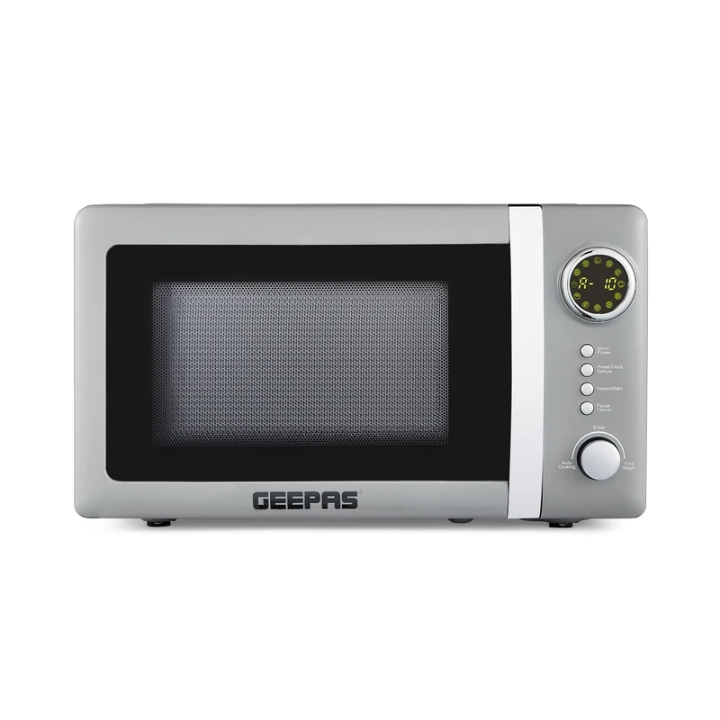GEEPAS 700W Digital Freestanding Microwave Oven, 20L | Electric Oven with Auto Defrost Child Lock | 12 Preset Rotary Dial Easy Clean | Fits Standard Dinner Plate Compact Countertop | Retrovive Grey