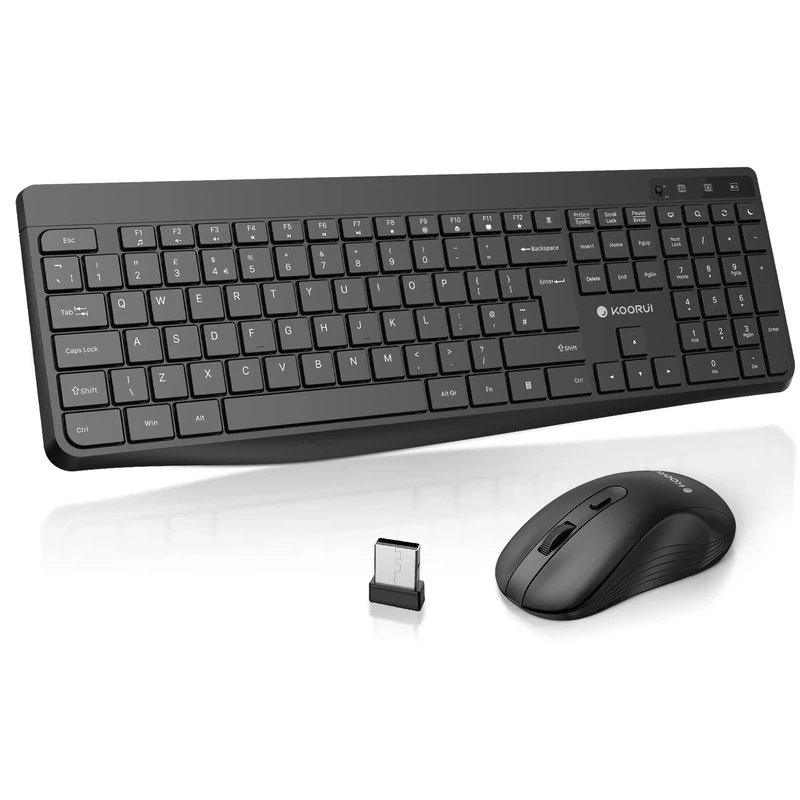 KOORUI Wireless Keyboard and Mouse Combos, 12 Multimedia and Shortcut Keys UK Layout Full Size Keyboard and Mouse Set for Windows,MacOS,Linux-Black (Battery Not Included)