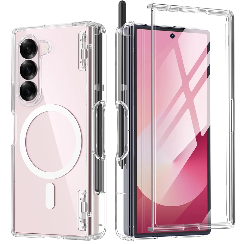 Tongate Magnetic for Galaxy Z Fold 6 Case with Screen Protector, [Compatible with MagSafe] Non-Yellowing Slim Transparent Z6 Phone Case Built-in S Pen Holder & Hinge Cover for Samsung Z Fold6, Clear