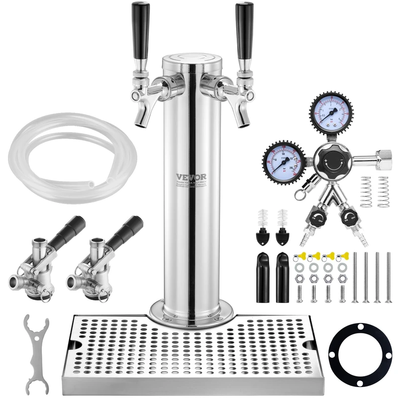 VEVOR Kegerator Tower Kit, Dual Taps Beer Conversion Kit, Stainless Steel Keg Beer Tower Dispenser with Dual Gauge W21.8 Regulator & S-System Keg Coupler, Beer Drip Tray for Party Home - Image 1