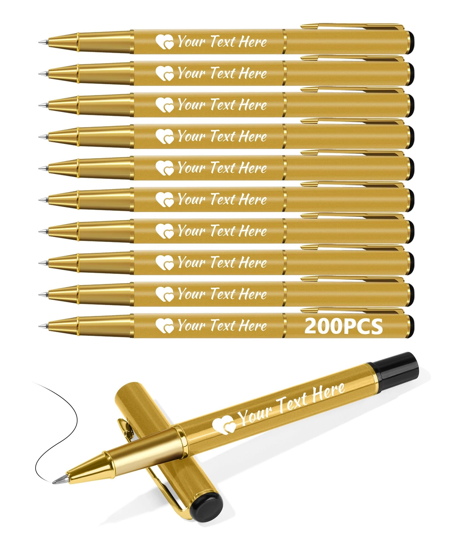 Customised Pens - Personalised Pens Bulk Pack Bussiness Ballpoint Pens with Free Engraving, Customisable Pens with Your Name, Text or Message, Perfect for Office/Students/Teacher/Lawyer,Gold,200 pcs