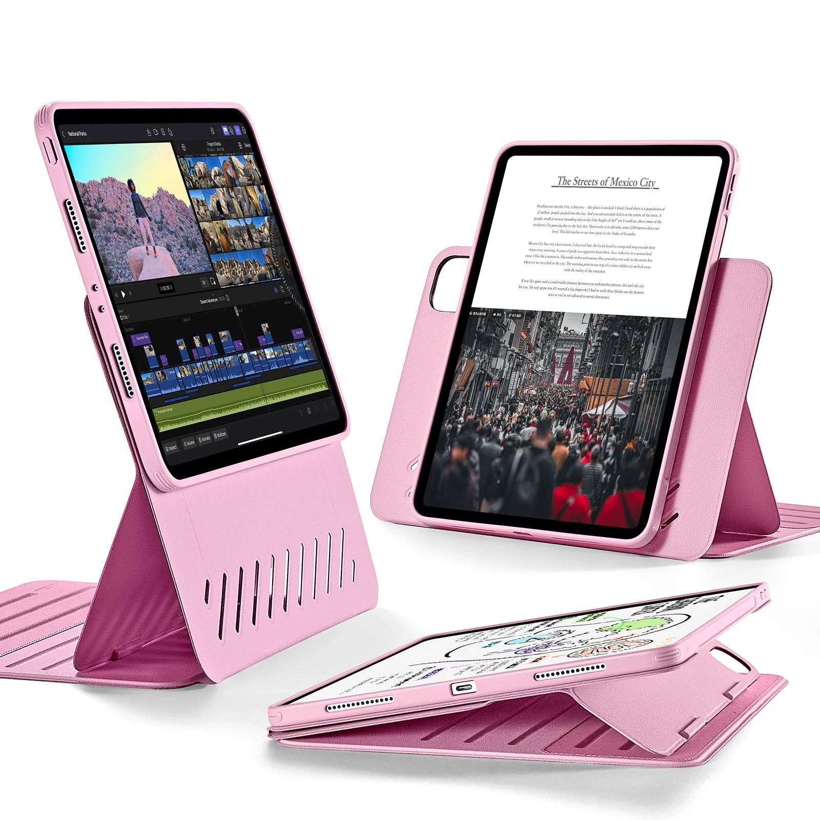 ESR for iPad Pro 11 Inch Case(2022/2021/2020/2018), Rugged Protection, Detachable Magnetic Cover, Adjustable Portrait/Landscape Stand with Raised Screen View, 9 Stand Angles, Pink