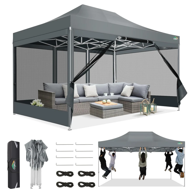 COBIZI Gazebo 3 x 4.5, Folding Gazebo 3 x 4.5 cm Waterproof Stable, Gazebo Foldable Anti-UV with Mesh Side Walls, Gazebo for Camping Events, Party Tent, Garden Tent with Carry Bag (3 x 4.5 m, Grey)