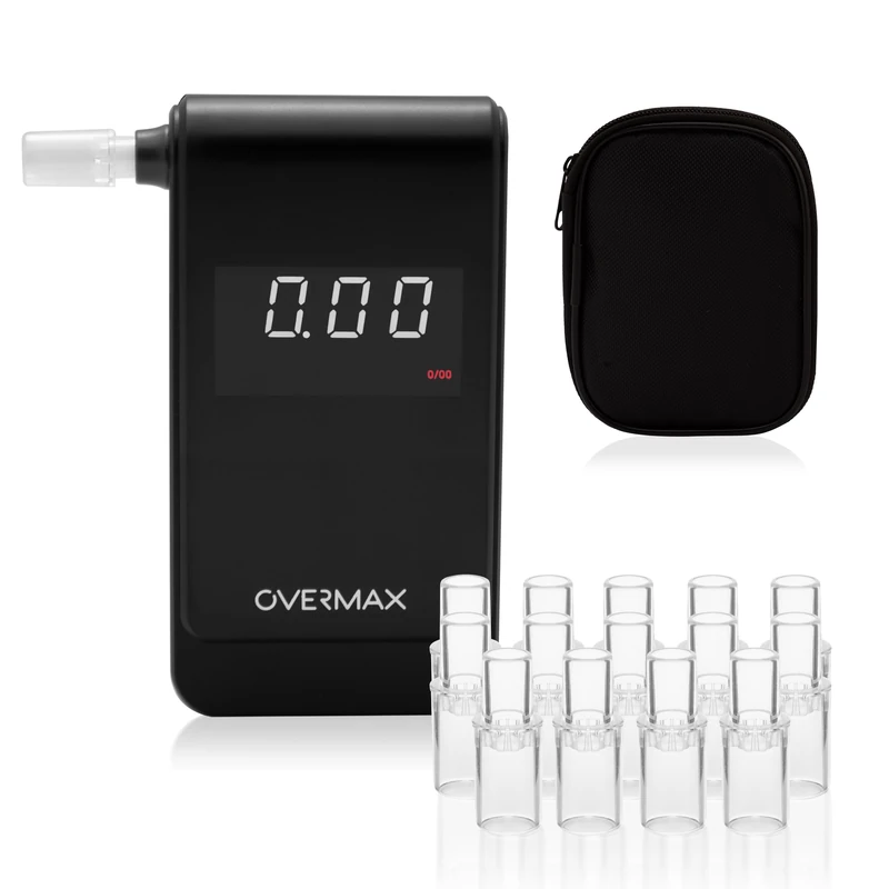 Alkomat AD 10 - Professional Breathalyzer with Platinum Sensor, Fast 5-Second Response, Memory for 50 Tests, BAC Display in Multiple Units, LCD Screen, Battery Warning, Includes 15 Mouthpieces and Cas