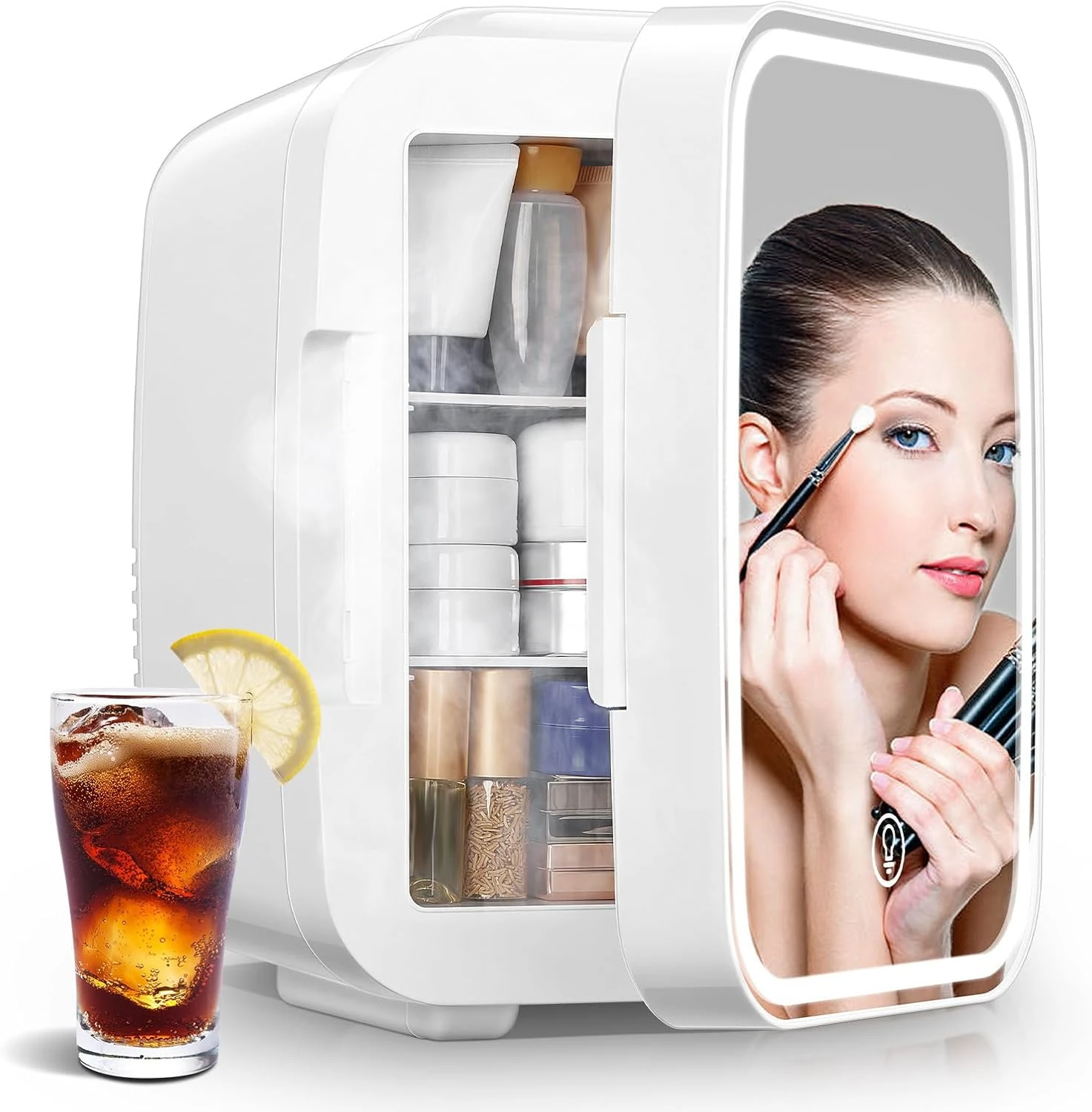 FOHERE Mini Fridge for Bedrooms, 5L/6 Can Portable Skincare Fridge with Dimmable LED Light Mirror, Cooler & Warmer for Food, Drinks and Cosmetic, Small Refrigerator for Home Office