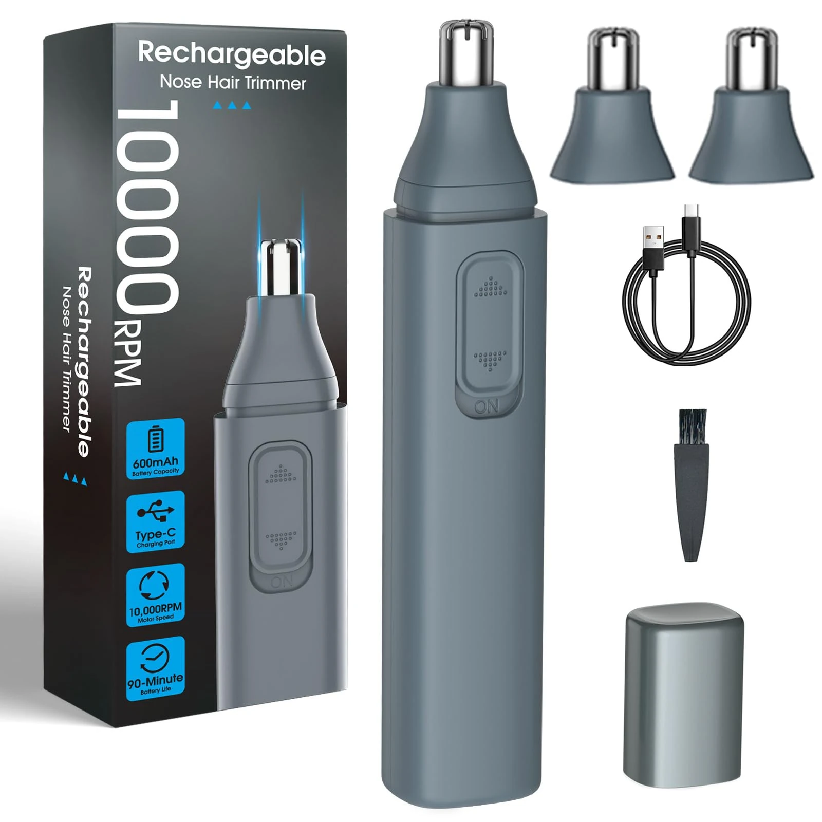 JISHO Ear and Nose Hair Trimmer for Men Women – 10000 RPM Powerful Motor with Dual Stainless Steel Edge Blades USB Type-C Rechargeable for Easy Cleansing Travel Size（2 Refills）