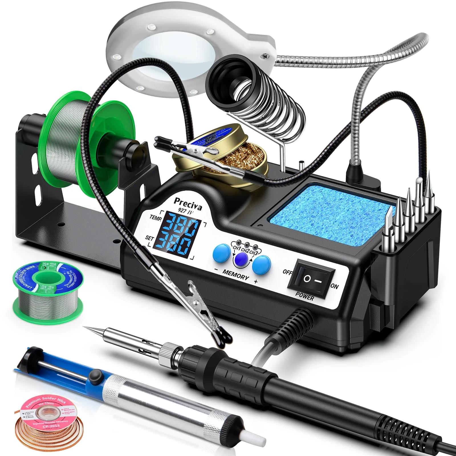 Soldering Iron Kit, Preciva 927IV Solder Station with Magnifiers and 2 Helping Hands, 130W Dual LCD Digital Display, 90-480℃ Temp Adjustable with 5 Tips, Sleep Function and Thermostat Control