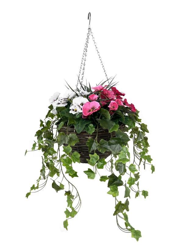 GreenBrokers Pansy with Ivy Vine in Hanging Basket (Anti-UV)(30cm diameter basket) Pink & White