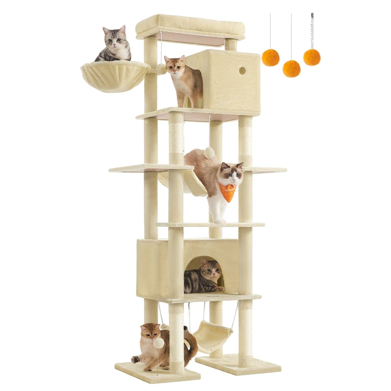 Feandrea XXL Tall Cat Tree, Multi-Level Tower with 4 Scratching Posts, 2 Hammocks, Perch, 2 Cat Caves, Anti-Tip Kit, Beige PCT195Y01