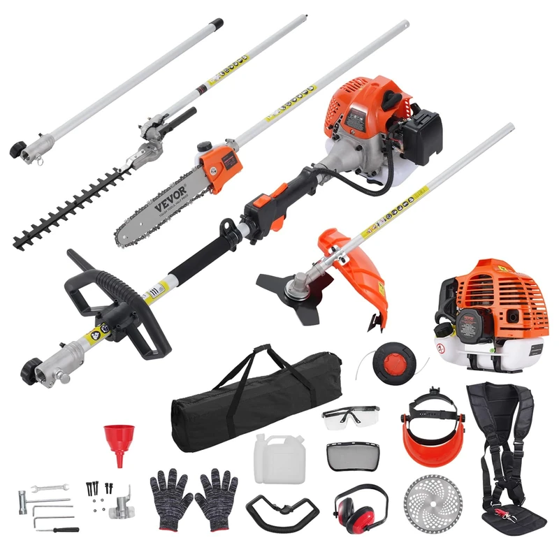 VEVOR 43CC 6-in-1 Multi-Functional Trimming Tools, Gas Hedge Trimmer, Weed Eater, String Trimmer, Brush Cutter, Edger, Pole Saw Chainsaw Pruner with Extension Pole