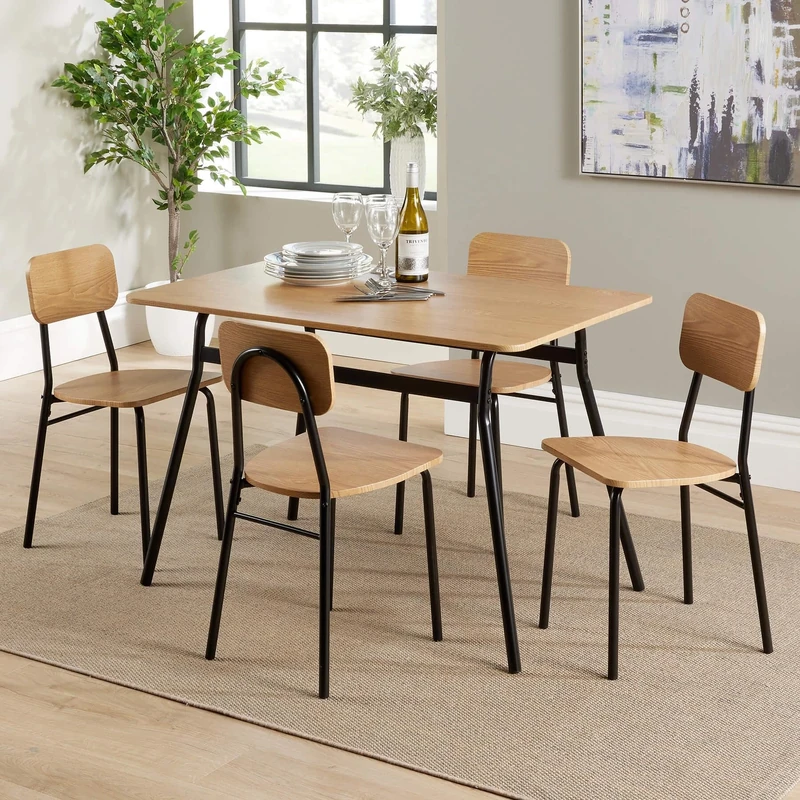 Home Source Harlow Kitchen Dining Set, 110cm Wooden Table Top, 4 Metal Chairs