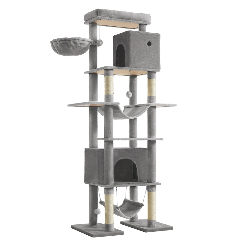 Feandrea XXL Cat Tower - 201 cm Tall, 4 Scratching Posts, 2 Hammocks, 2 Cat Caves, Light Grey
