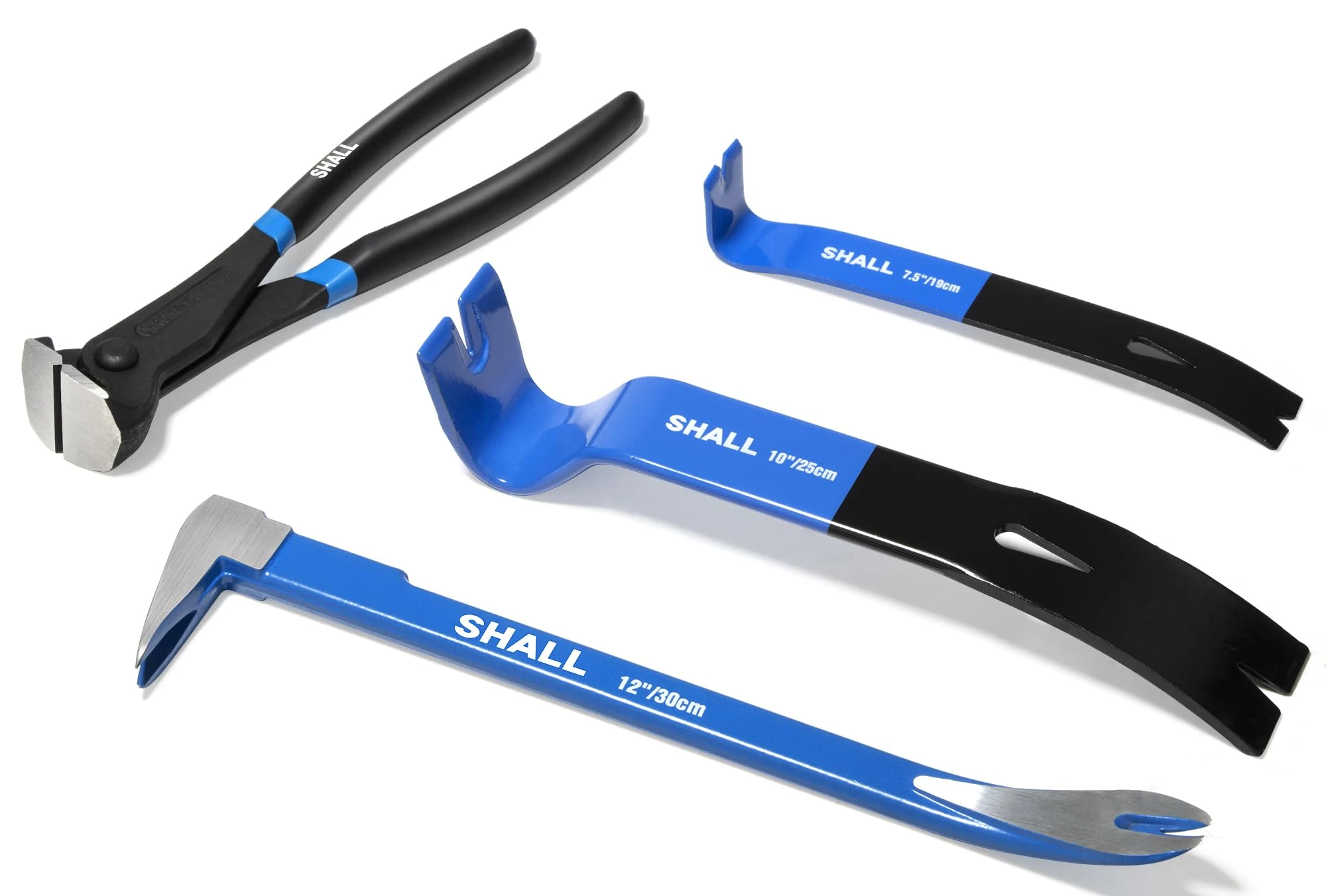 SHALL 4-Piece Pry Bar Set, 12-Inch(30.48cm) Cats Paw Nail Puller, 10-Inch(25.4cm) & 7.5-Inch(19cm) Flat Claw Pry Bars, 8-Inch End Cutting Pliers, Nail Remover Tool for Baseboard, Floor, Nails Removal