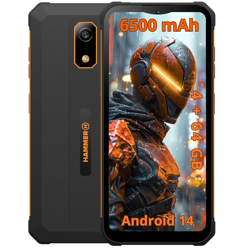 Hammer Iron Steel Lite No Contract, Robust, Waterproof, Dual SIM, Powerful 6500 mAh Battery, 64GB + 4GB RAM, Android 14, 13 MPX Camera with Night Vision Sensor IP69 Droptest, 300 Hours Standby