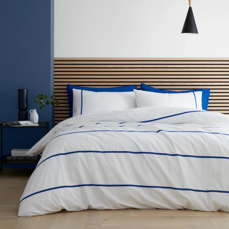 Content by Terence Conran Herringbone Trim Stripe 200 Thread Count Cotton Double Duvet Cover Set with Pillowcases White Blue