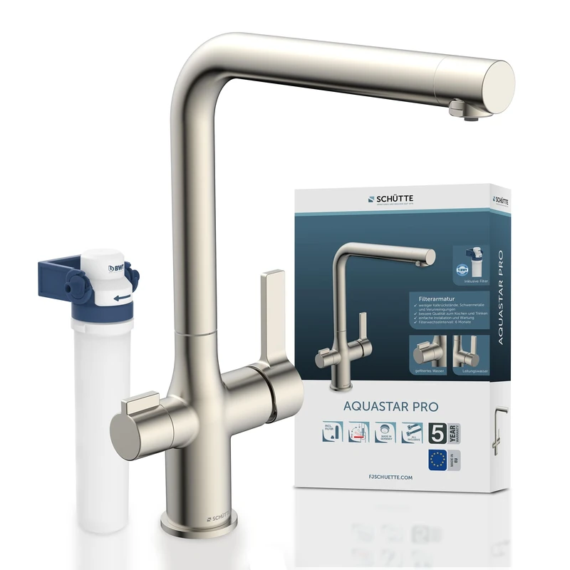 SCHÜTTE Aquastar Pro 99805 Kitchen Sink Tap with 3-Way Filtration System and Water Filter for Limescale and Heavy Metals Stainless Steel Look