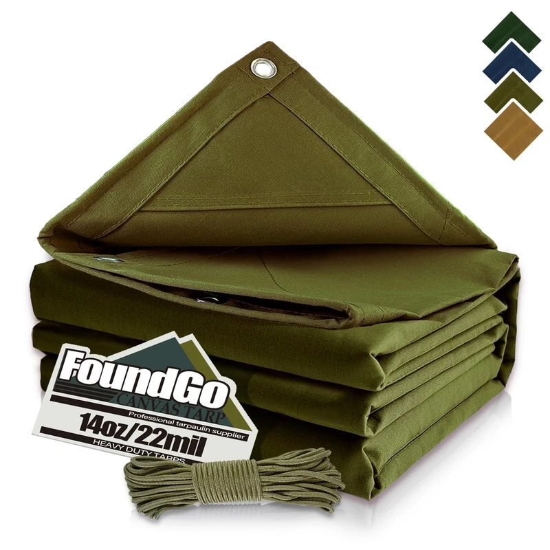 FoundGo Canvas Tarp 10x24ft Heavy Duty Waterresistant Tarps with Grommets, UV Resistant, 22 Mil Tarpaulin,14 oz Durable Cloth Covers for Car, Roof, Boat, Camp, Canopy, Woodpile with Ropes-Moss