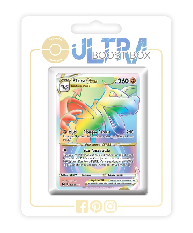 Ptéra VSTAR (Aerodactyl VSTAR) 199/196 Shiny Rainbow - Ultraboost X Epée et Bouclier 11 Origine Perdue - Box of 10 Pokemon French Cards
