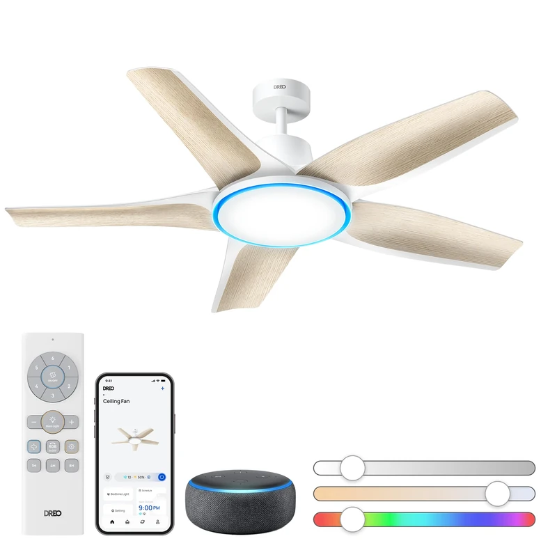 DREO 52" Smart Ceiling Fan with Lights for Cooling, Quiet DC Motor, App & Alexa Control, Dimmable LED & RGB Ambient Light, 12 Speeds, 4 Modes, 1-12H Timer, Easy Install for Large Living Room Bedroom