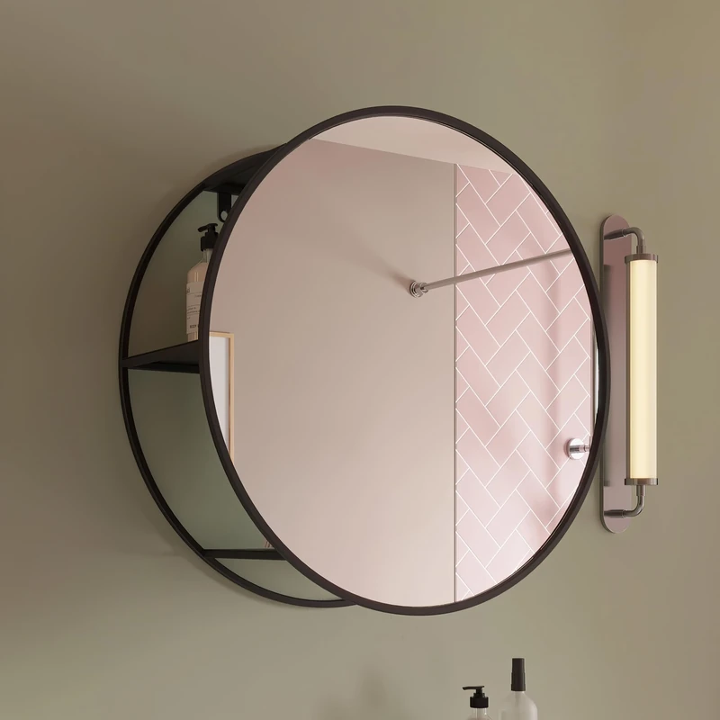 Croydex 500mm Matt Black Circular Bathroom Mirror with Shelves Safety Backed Glass, Wall Mounted, 3 Fixed Height Shelves, No Assembly Required, Fittings & Fixings Included