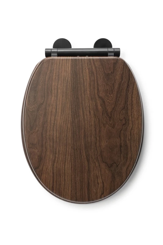 Croydex Soft Close Wooden Toilet Seat - Quick Release Button for Easy Cleaning and Adjustable Hinges with Top and Bottom Fixings Includes, Antibacterial Treated Surface (Walnut with Black Hinges)