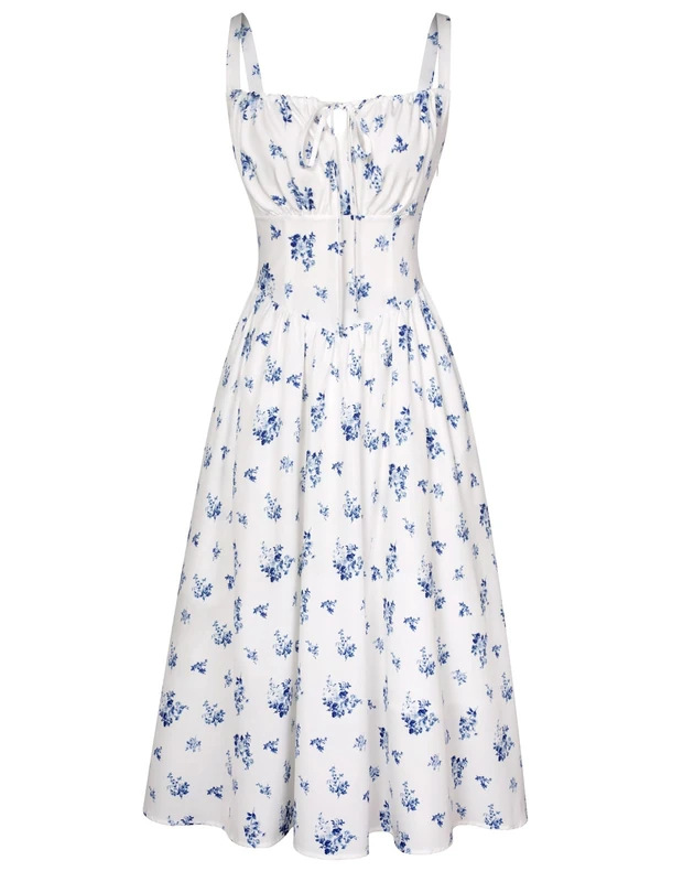 Scarlet Darkness Floral Printed Corset Dress Ruched Bust Cami Dress Flowy Sundress, White Navy Floral, S