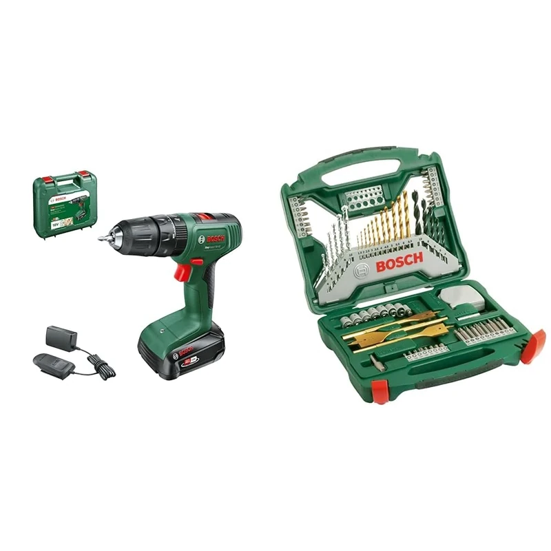 Bosch Home and Garden Cordless Combi Drill EasyImpact 18V-40 (1 battery, 18 Volt System, in carrying case) + 70pc. X-Line Titanium Drill and Screwdriver Bit Set (for Wood, Masonry, Metal, Accessories)