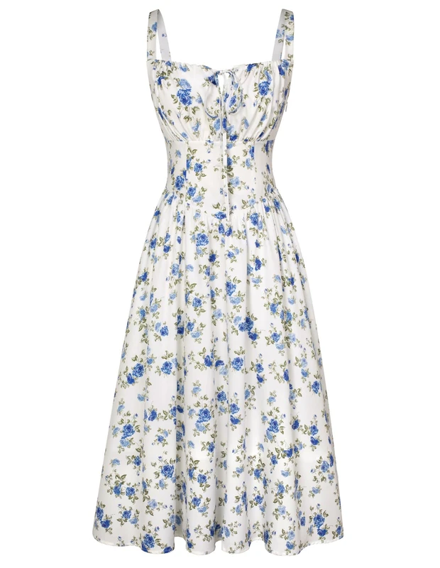 Scarlet Darkness Floral Printed Corset Dress Ruched Bust Cami Dress Flowy Sundress, White Blue, M