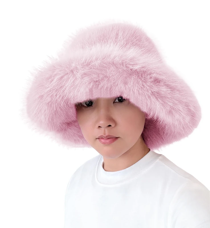 Lina & Lily Oversized Winter Faux Fur Bucket Hat for Women - Long Pile Fur Wide Moldable Brim (Light Pink)