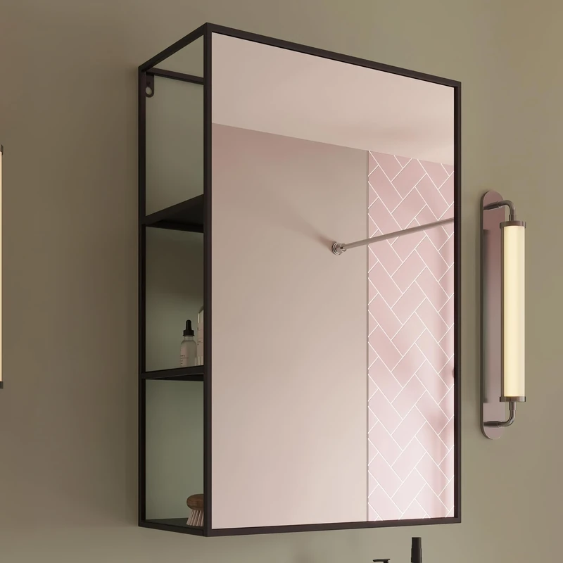 Croydex 600 x 400mm Matt Black Rectangular Bathroom Mirror with Shelves Safety Backed Glass, Wall Mounted, 3 Fixed Height Shelves, No Assembly Required, Fittings & Fixings Included