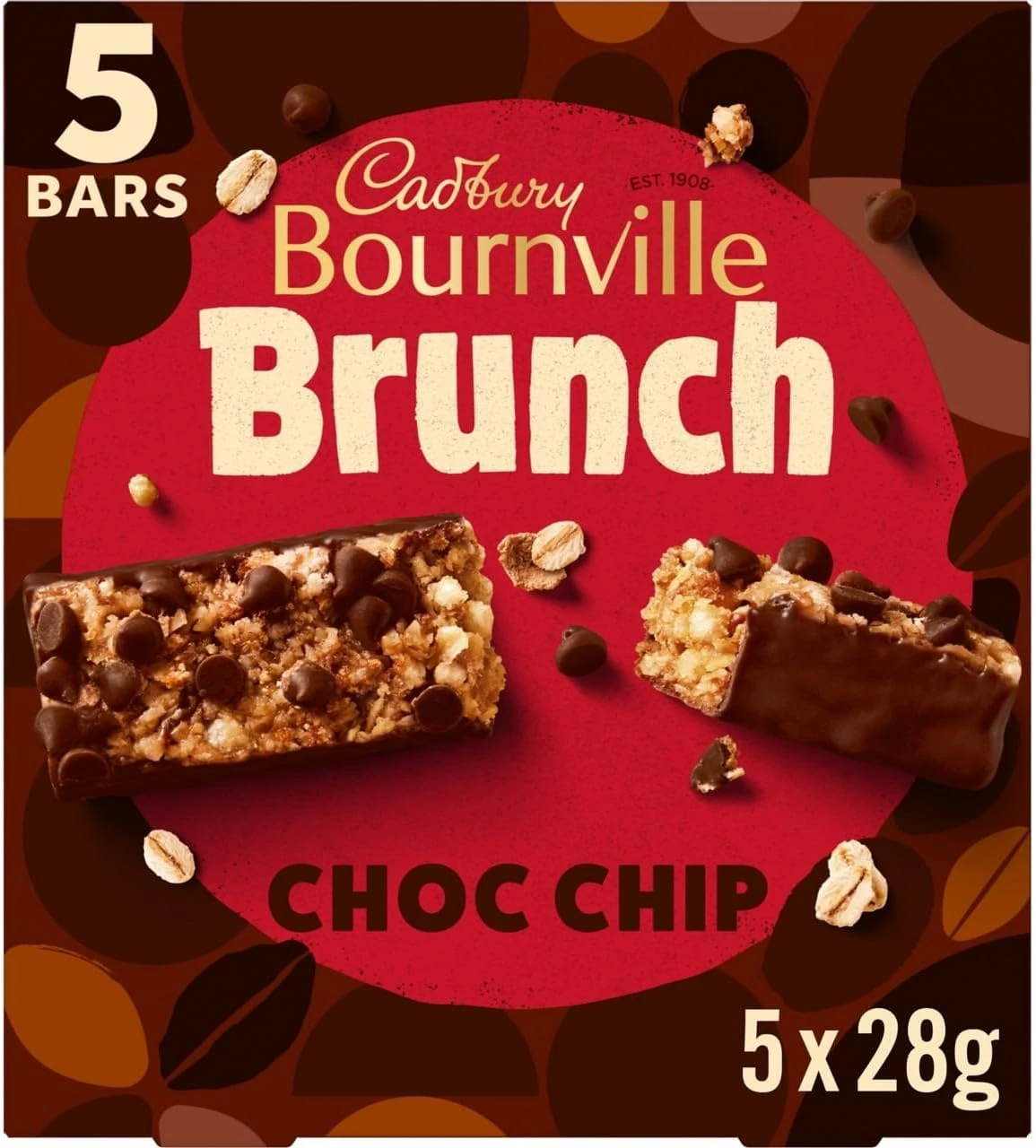 Cadbury Bournville Brunch Bar Chocolate Chip, Dark Chocolate Cereal Bars With Chocolate Chips, Multipack of 5 x 28 g (Pack of 1)