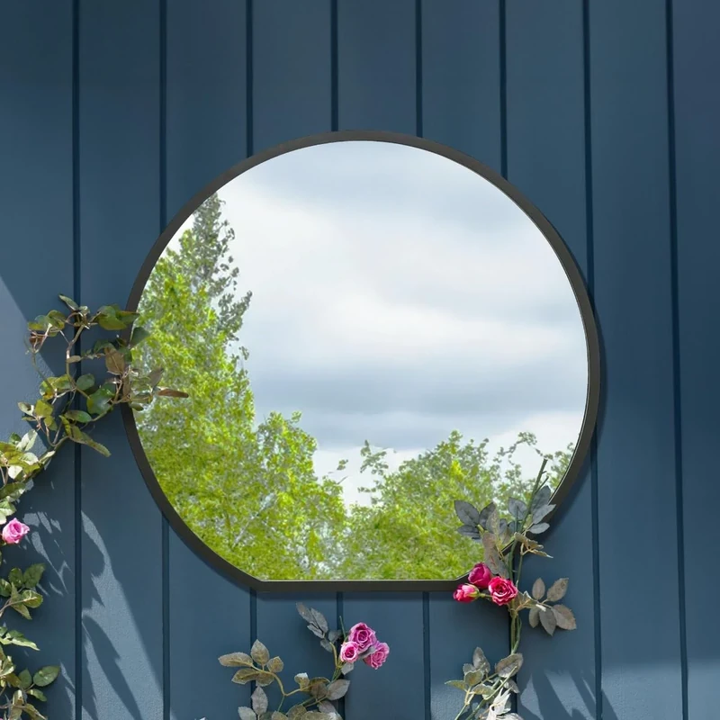 The Circulus - Black Framed Flat Bottom Circular Garden Wall Mirror - Perfect for the Mantle! 33" X 31" (84CM X 80CM)