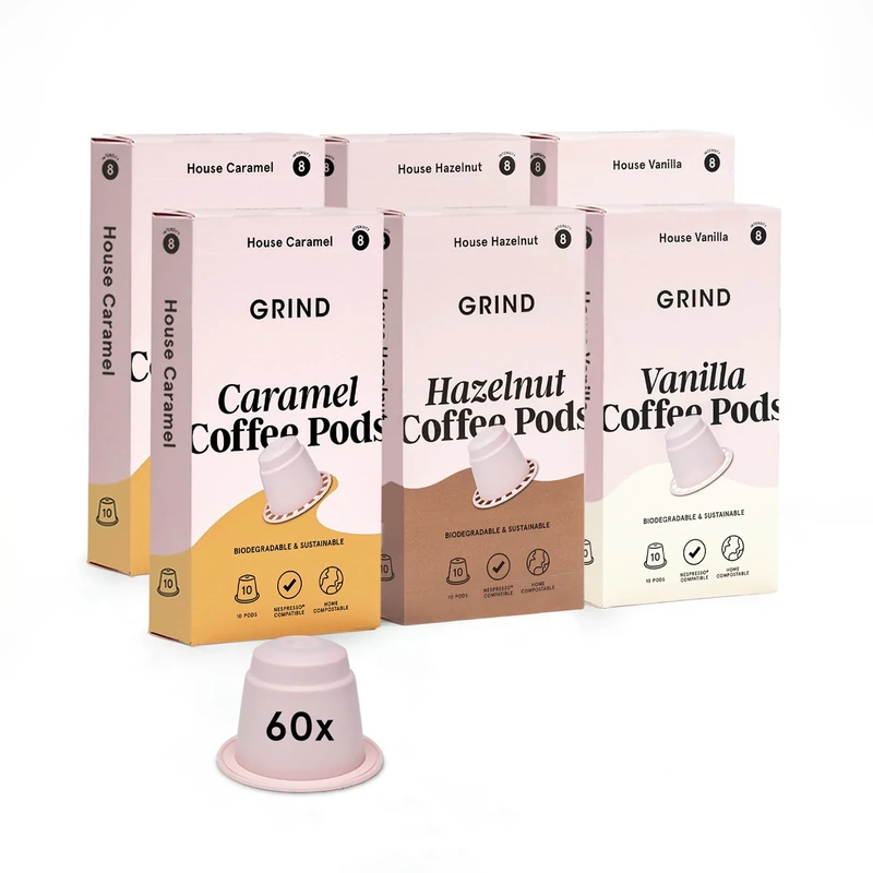 Grind Flavour Variety Pack – Pack of 60 Biodegradable Pods – Hazelnut, Vanilla & Caramel Blend – 100% Arabica Capsuels – Nespresso® Original Machine Compatible – Home Compostable – Gift Set